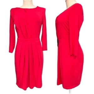 Tart Red Long Sleeve Midi Dress with Defined Waist and Draping